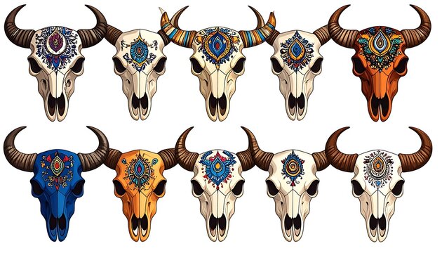 Varied cow skulls display intricate patterns on forehead. Vivid colors stand out against bone