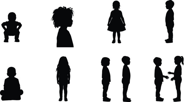 Silhouette collection of diverse young children sitting standing playing and interacting in side profiles isolated on white background