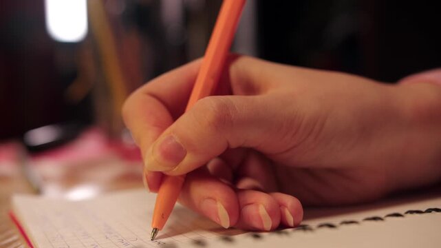 Concentrated woman diligently taking notes at desk. Closeup of female steady hand jotting down notes under warm light. Caucasian woman writes in cursive with orange pen during late night study session