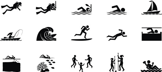 Water sports silhouette icons diving swimming sailing surfing boating and beach activities vector set © MD