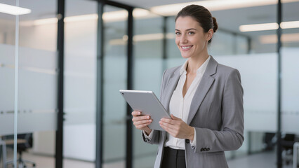 Fototapeta premium 4K Ultra HD - Confident Businesswoman with Tablet in Bright Minimalist Office with Copy Space