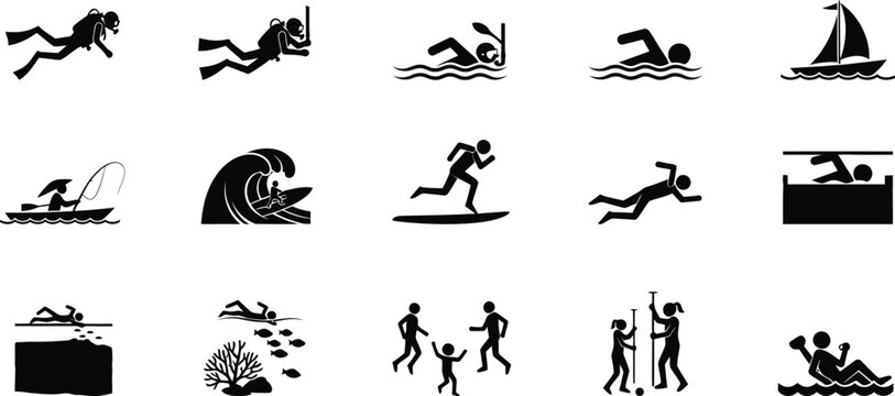 Water sports silhouette icons diving swimming sailing surfing boating and beach activities vector set