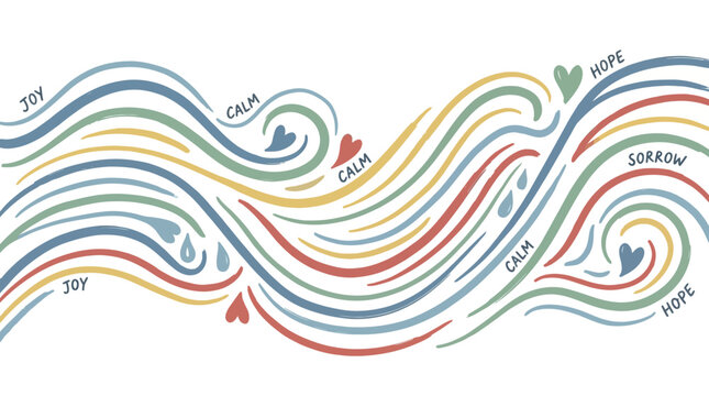 Abstract emotional waves with smooth curves depicting calm, joy, and sorrow