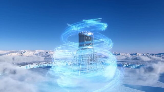 Wind turbine in snowy landscape with glowing blue energy swirl, renewable power concept for sustainability and clean electricity