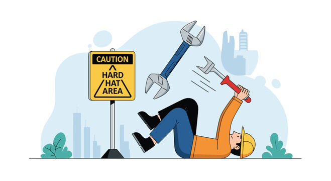 Illustration depicts a construction worker falling backward while attempting to catch a large wrench in a designated hard hat area.