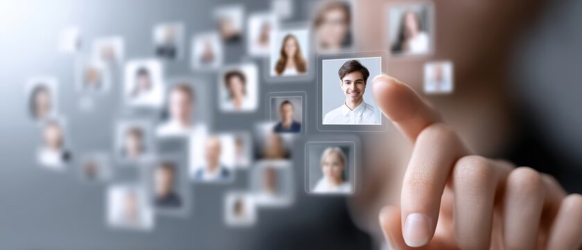 Digital Profile Selection: A human finger points at a digital profile picture among a grid of diverse user icons, symbolizing selection, connection, or recruitment in the digital age.