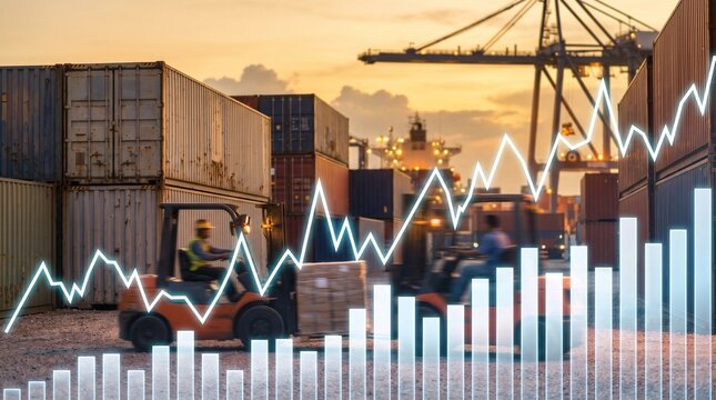 Industrial warehouse and container terminal yard with working forklifts and overlay business graph logistics cargo distribution trade export import economic growth concept