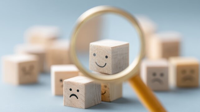 Focus on Happiness: A magnifying glass zooms in on a wooden cube with a happy face, contrasting with sad faces in the background, symbolizing the importance of positive emotions.