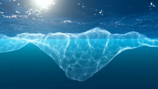 Underwater wave with glowing light rays and sparkling water particles over deep ocean seabed background