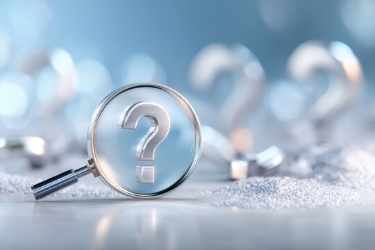 Curiosity Magnified: A magnifying glass focuses on a prominent question mark, symbolizing the quest for answers amidst a landscape of uncertainty and inquiry.