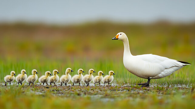 White snow goose leading a line of ten yellow goslings through a grassy wetland habitat