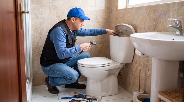 Plumber repairing a toilet with a wrench in a bathroom