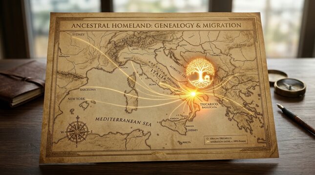 Ancestral homeland map showing genealogy and migration routes from Tricarico Italy with glowing tree symbol, vintage style.