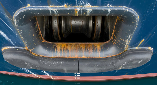 ship hull detail with rusted mooring chock and blue paint