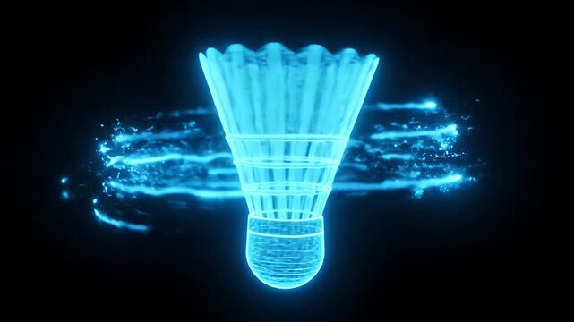 Glowing Digital Badminton Shuttlecock - A vibrant blue badminton shuttlecock is digitally video with a glowing, translucent, and wireframe-like structure.