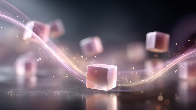 Abstract Cubes in Motion: Translucent, rose-tinted cubes float and swirl amidst ethereal light trails and sparkling particles, creating a sense of dynamic motion and modern elegance.