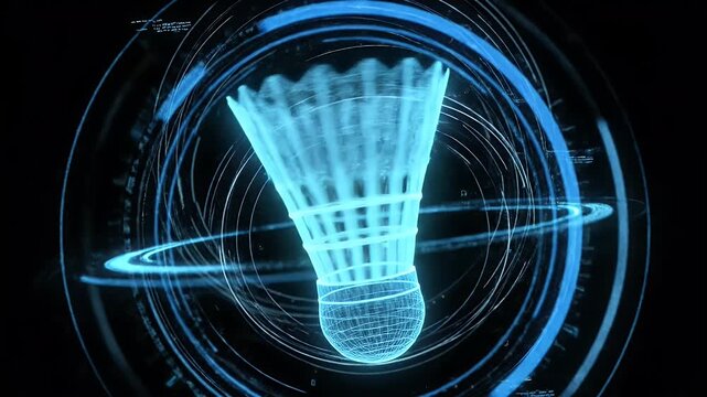 Digital Wireframe Badminton Shuttlecock with Blue Glow - A digitally video wireframe badminton shuttlecock glows with a vibrant blue light, set against a dark, abstract background.