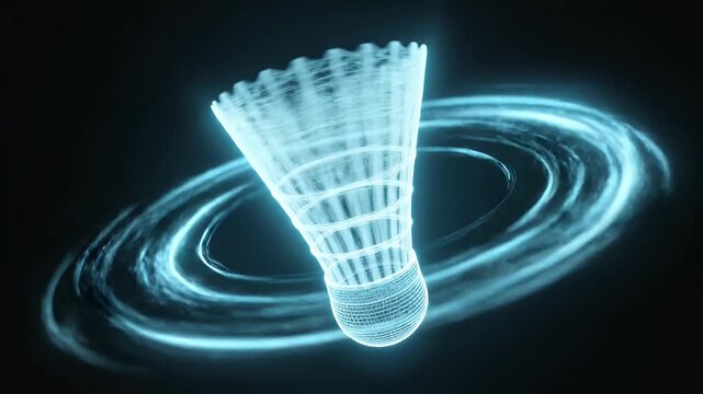 Digital Wireframe Badminton Shuttlecock with Spinning Glow - A digitally video wireframe badminton shuttlecock glows with a vibrant cyan light.
