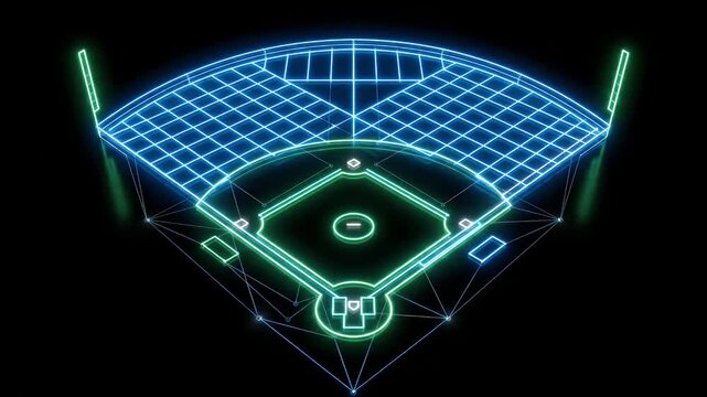 Digital Wireframe Baseball Diamond with Neon Lines - A vibrant digital wireframe of a baseball diamond is video with glowing neon lines in blue and green, set against a stark black background.