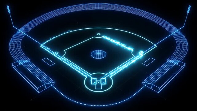 Digital Baseball Field with Glowing Neon Lines - A digital wireframe baseball diamond is depicted with glowing blue neon lines on a dark black background.