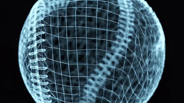 Digital Wireframe Baseball Grid Close-up - An ultra close-up shot of a glowing digital wireframe baseball-like sphere video in light blue against a dark black background.