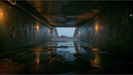 Empty dark tunnel passage with wet floor and orange safety lighting, low light © abba