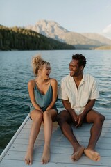 Fototapeta premium Young couple laughing together on dock by mountain lake