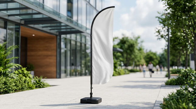 Blank white feather flag mockup standing on a concrete walkway outside a modern glass office building capturing a professional outdoor advertising display in this bright and detailed realistic marketi