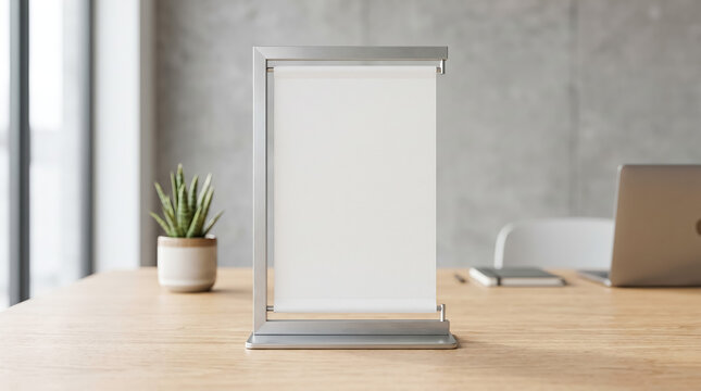 This high quality photograph shows a blank vertical table tent sign display stand made of brushed metal placed on a light wooden office desk for professional branding and marketing communication usage