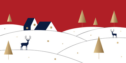 Obraz premium Whimsical winter landscape with houses, trees, and deer on a snowy hill under red sky