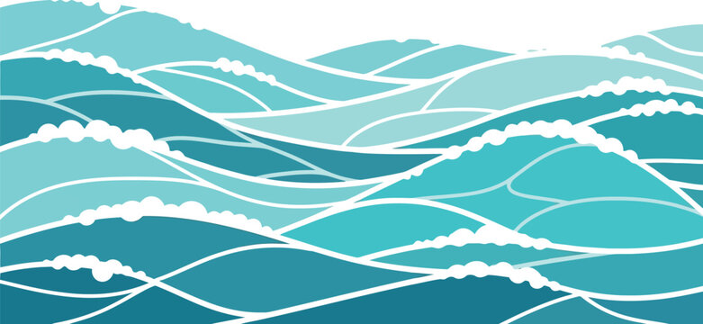 Overlapping blue waves with white foam pattern water surface wave pattern design element background illustration creative stylized seascape movement abstract