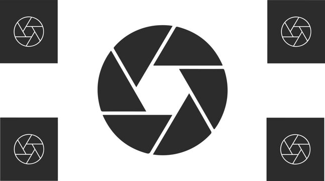 Lens aperture diaphragm graphic element collection isolated on contrast background containing circular camera focus shutter speed control and studio photography symbols.