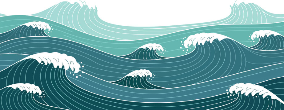 Energetic illustration of numerous stylized ocean waves with white foamy crests in a teal sea wave breaking wave water pattern marine life illustration crashing backdrop background