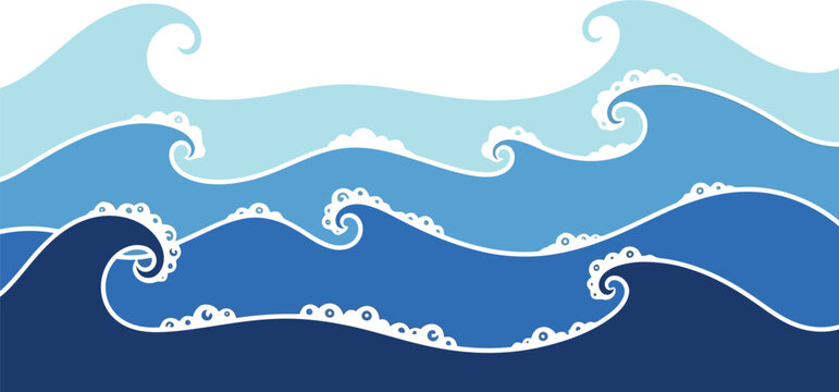 Vector illustration of multiple stylized blue ocean waves with foamy crests and swirling patterns sea wave breaking wave water pattern marine life illustration crashing swirling backdrop