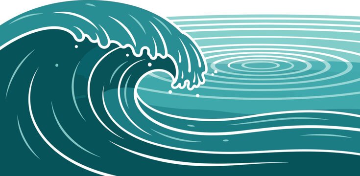 Stylized illustration of a large ocean wave cresting with ripples in the water behind it sea wave breaking crashing illustration background backdrop abstract artistic oceanography