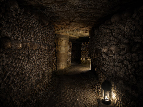 Moody, expedition-style interior of the Catacombs of Paris, France, showing walls lined with human skulls and bones, isolated on transparent background, evoking mystery and mortality.