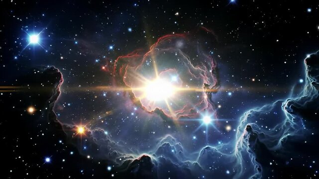 Vibrant cosmic nebula, stellar nursery with swirling luminescent blues, purples, reds, and golden light. Dollying forward through immense scale, awe-inspiring space exploration concept