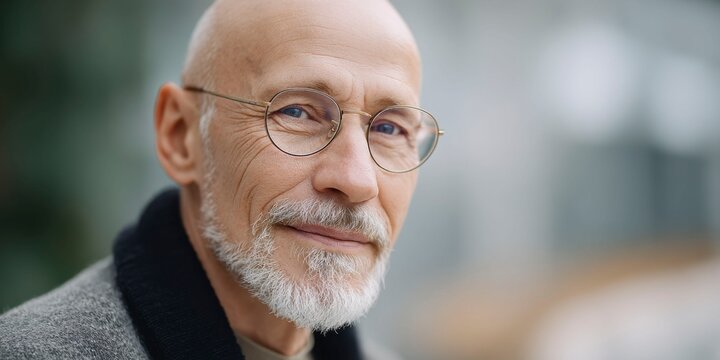 closeup of an old bald man with glasses and a goatee, a smile on his face