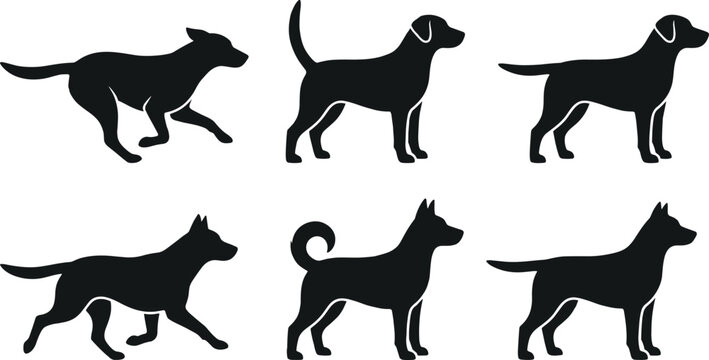 Collection of dog breed silhouette icons in flat black style featuring running standing walking and guard dogs isolated on gray background