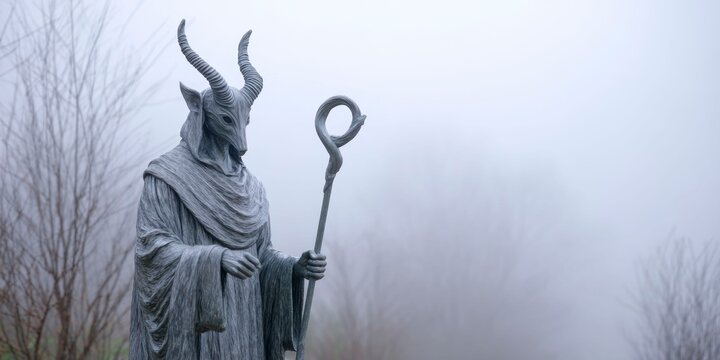 a statue of the devil in foggy weather, wearing ancient robes and horns on its head