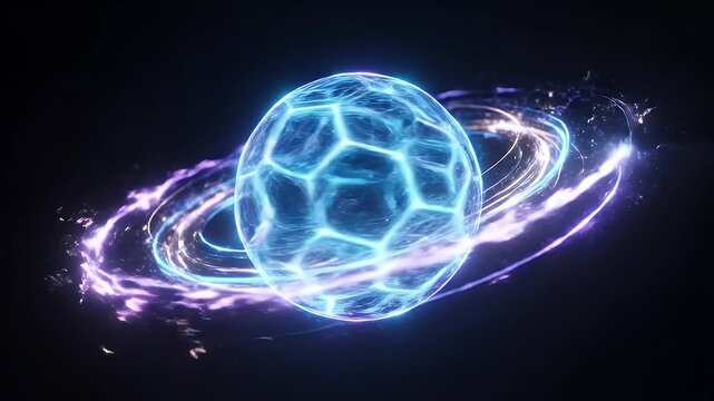 Dynamic Blue Energy Sphere with Luminous Rings - A vibrant, glowing blue sphere with a distinct polygonal pattern sits at the center of a dark, abstract background.