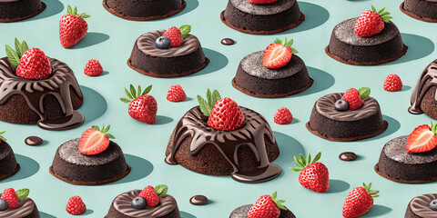 seamless pattern wtih sweet strawberry chocolate cake food on light solid color background