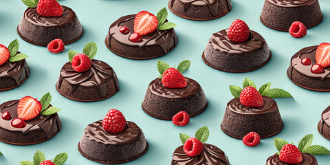seamless pattern wtih sweet strawberry chocolate cake food on light solid color background