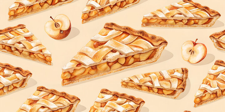 seamless pattern wtih sweet apple pie food and apple slices on light solid color background