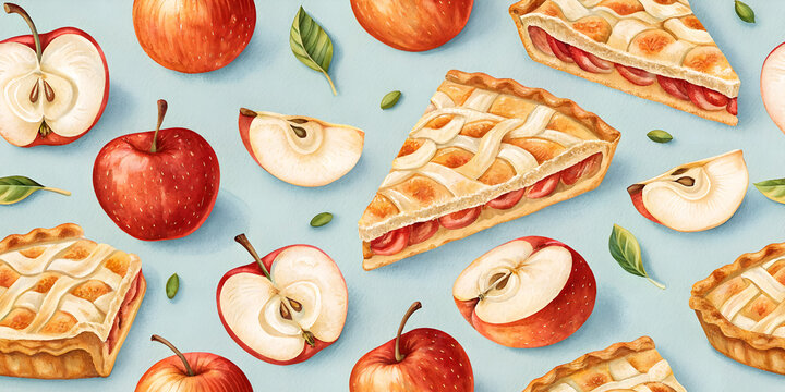 seamless pattern wtih sweet apple pie food and apple slices on light solid color background