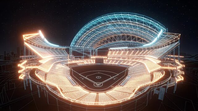Futuristic Wireframe Baseball Stadium with Glowing Lines - A panoramic view of a futuristic wireframe baseball stadium, video with glowing blue and orange lines.