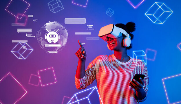A vibrant image showcasing a user immersed in virtual reality, engaging with AI technologies, demonstrating the dynamic evolution of digital communication and automation. XDMCP