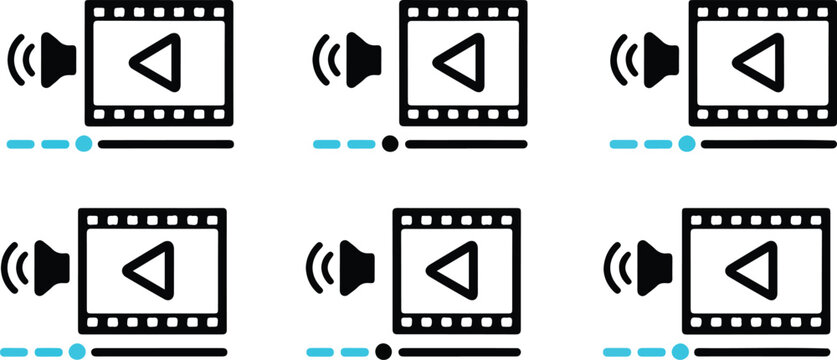 Clean line art multimedia control icon collection showing repeated rows of video player buttons including play audio and rewind symbols vector.