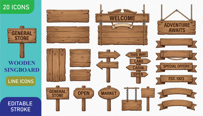 Comprehensive collection of wooden signboards and banners in various styles, including hanging signs, directional signs, and decorative elements, for versatile design applications.  © Sumon