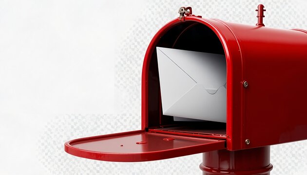 Vintage red metal mailbox with open door and white envelope inside, realistic postal box design with glossy finish, isolated on textured background, classic mail delivery concept